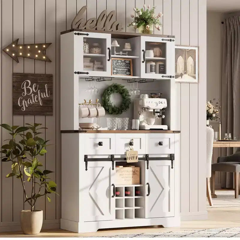 TruAIR 72 Mobile Bar con Porta Scorrevole a Fienile, Credenza Alta da Cucina con Mobiletto Superiore e 3 Cassetti, Madia Rustica da Caffè e Vino