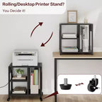 Carrello porta stampante a 3 livelli con prese di corrente e porte USB integrate, carrello portaoggetti multiuso con ripiani per casa e ufficio