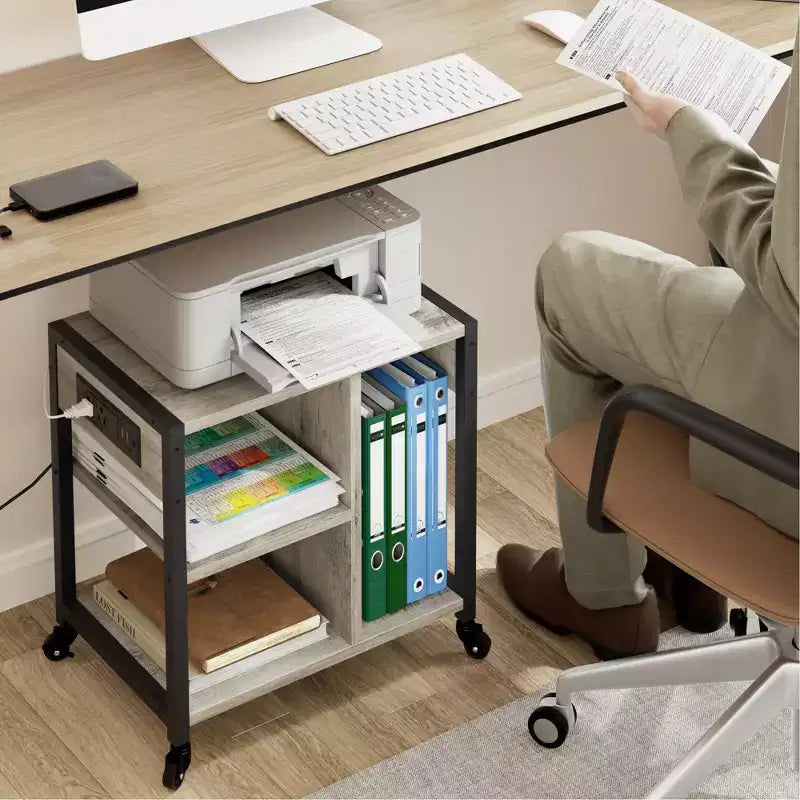 Carrello porta stampante a 3 livelli con prese di corrente e porte USB integrate, carrello portaoggetti multiuso con ripiani per casa e ufficio