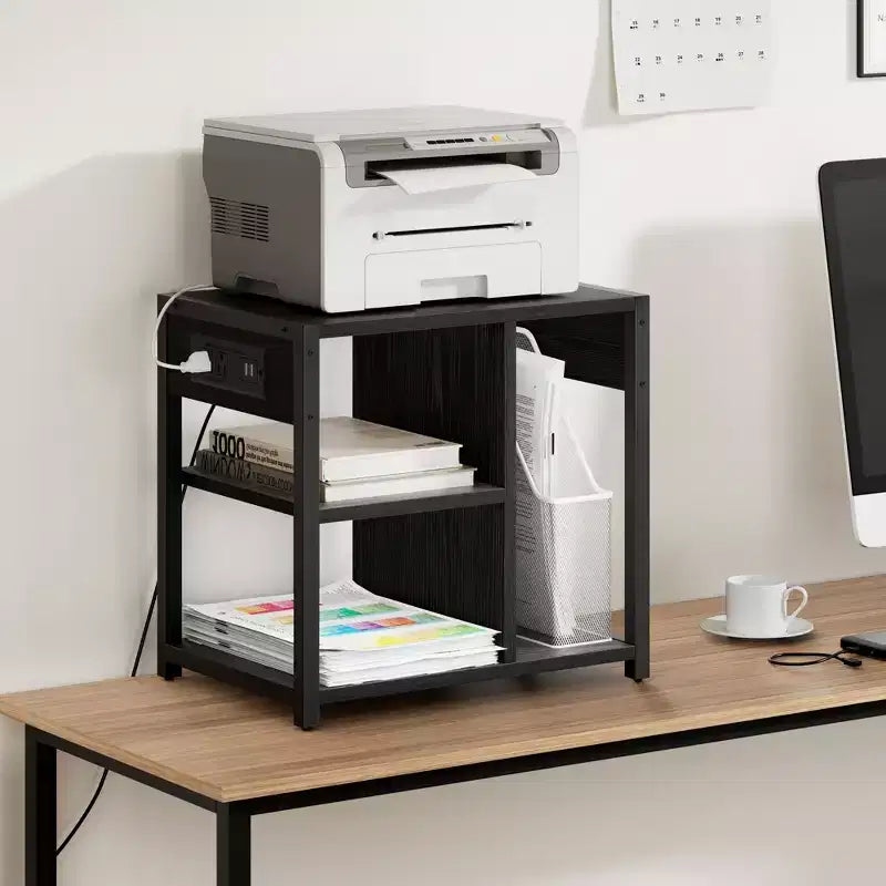 Carrello porta stampante a 3 livelli con prese di corrente e porte USB integrate, carrello portaoggetti multiuso con ripiani per casa e ufficio