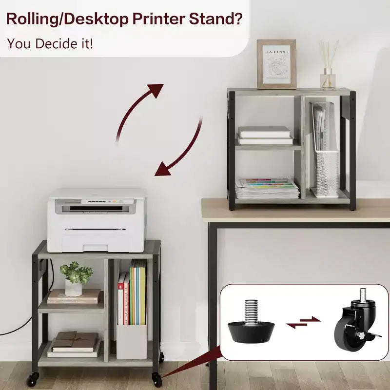 Carrello porta stampante a 3 livelli con prese di corrente e porte USB integrate, carrello portaoggetti multiuso con ripiani per casa e ufficio