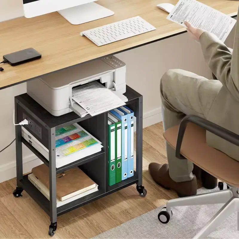 Carrello porta stampante a 3 livelli con prese di corrente e porte USB integrate, carrello portaoggetti multiuso con ripiani per casa e ufficio