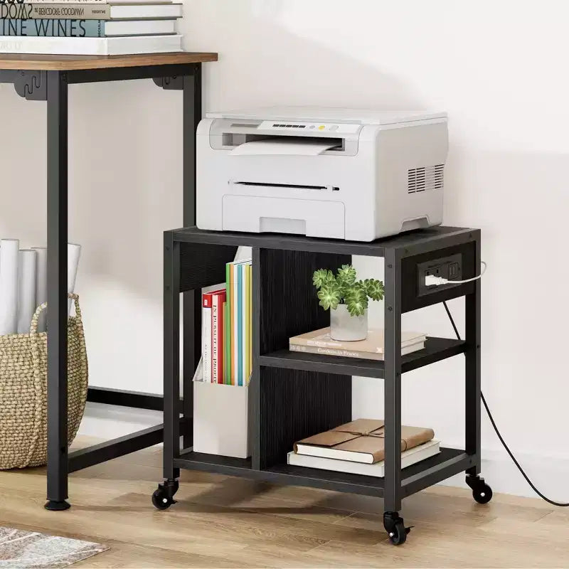 3-Tier Rolling Printer Stand with Built-In Power Outlets and USB Ports, Utility Storage Cart  Printer Cart with Storage Shelves for Home and Office