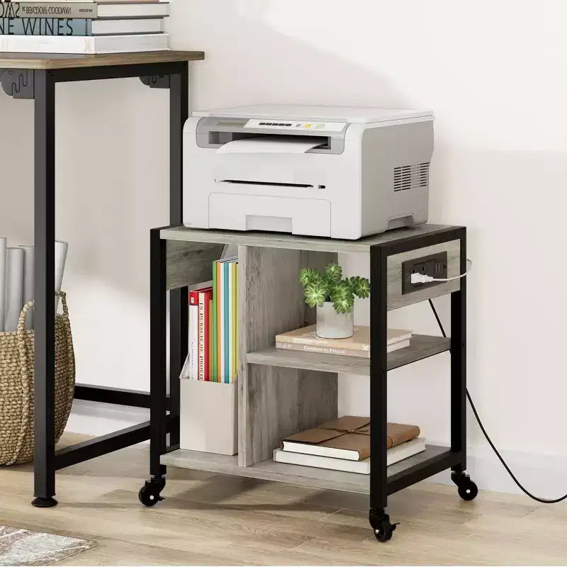 Carrello porta stampante a 3 livelli con prese di corrente e porte USB integrate, carrello portaoggetti multiuso con ripiani per casa e ufficio