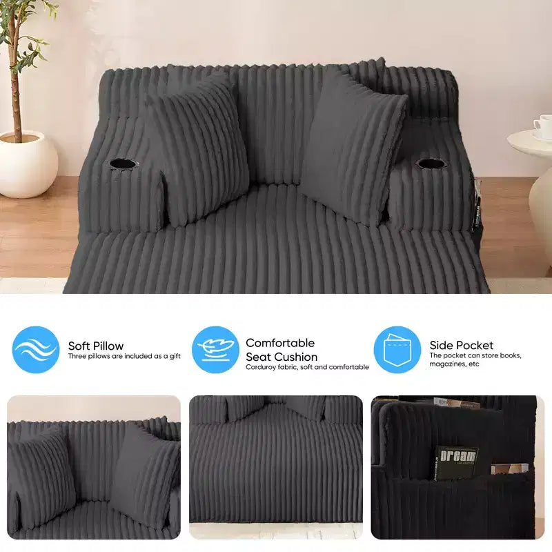 Mjkone Poltrona Letto Singola in Velluto a Coste 1 Posto, Chaise Longue con Cuscini, Braccioli Ampi, Portabicchieri, Contenitore