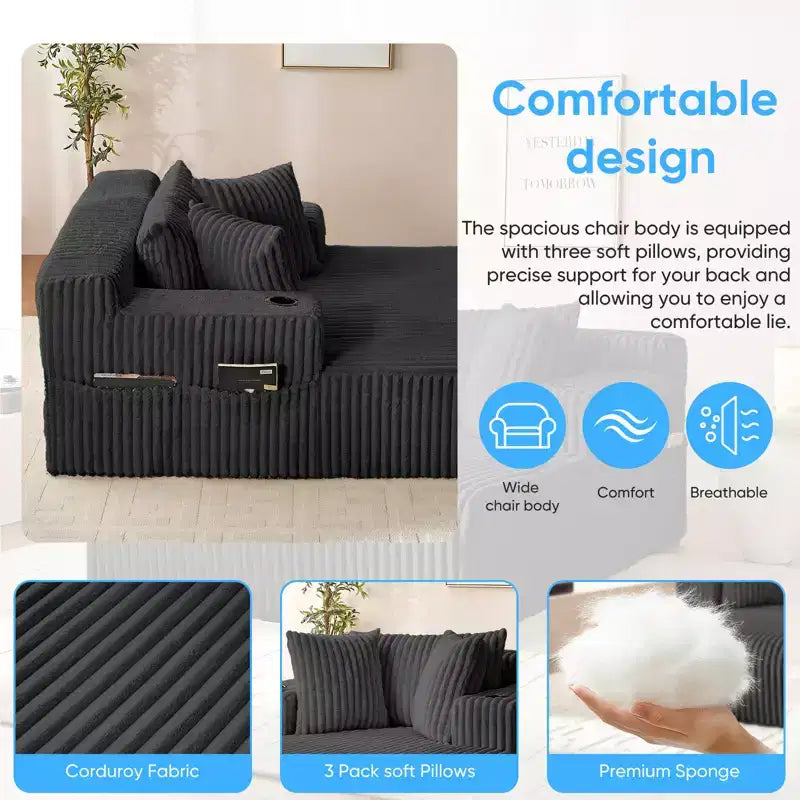 Mjkone Poltrona Letto Singola in Velluto a Coste 1 Posto, Chaise Longue con Cuscini, Braccioli Ampi, Portabicchieri, Contenitore