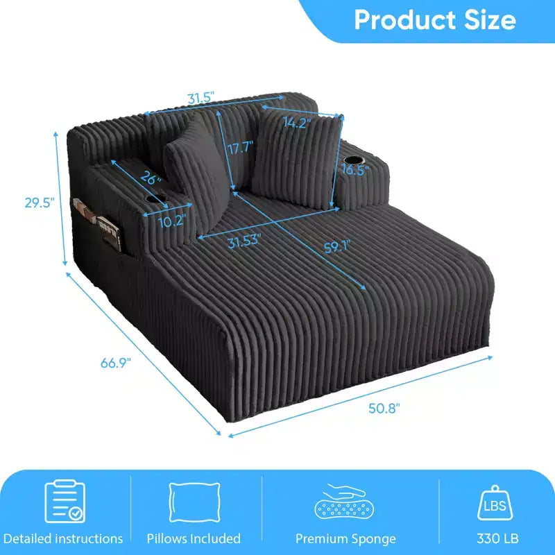 Mjkone Poltrona Letto Singola in Velluto a Coste 1 Posto, Chaise Longue con Cuscini, Braccioli Ampi, Portabicchieri, Contenitore