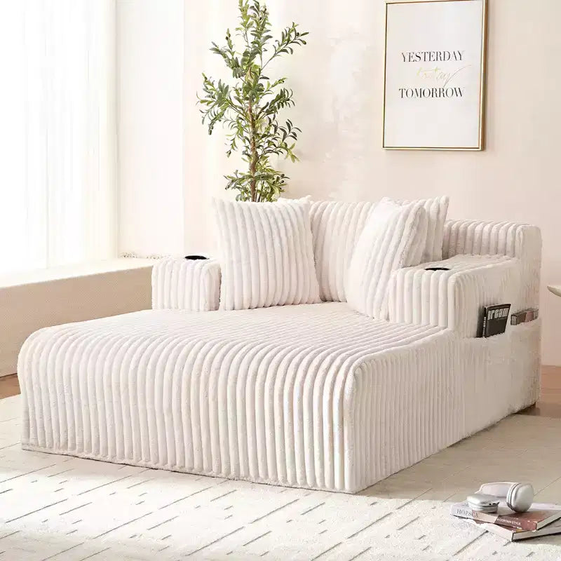 Mjkone Poltrona Letto Singola in Velluto a Coste 1 Posto, Chaise Longue con Cuscini, Braccioli Ampi, Portabicchieri, Contenitore