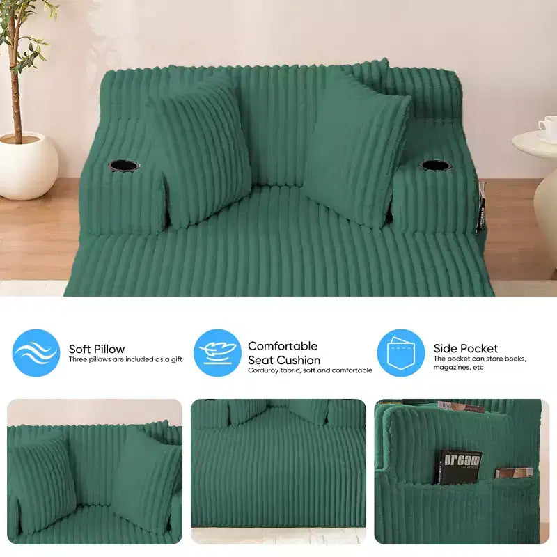 Mjkone Poltrona Letto Singola in Velluto a Coste 1 Posto, Chaise Longue con Cuscini, Braccioli Ampi, Portabicchieri, Contenitore