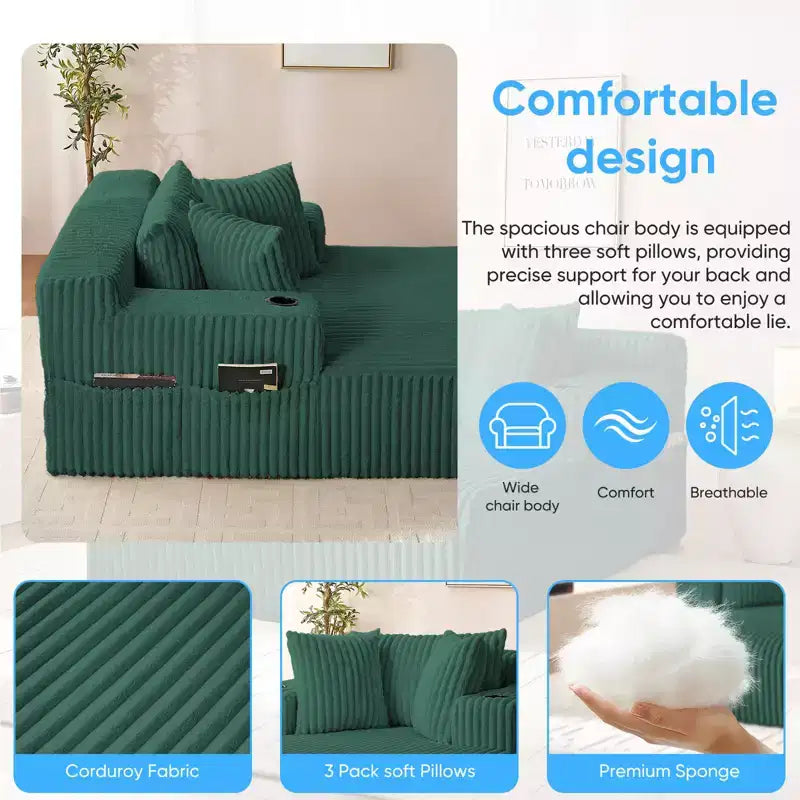 Mjkone Poltrona Letto Singola in Velluto a Coste 1 Posto, Chaise Longue con Cuscini, Braccioli Ampi, Portabicchieri, Contenitore