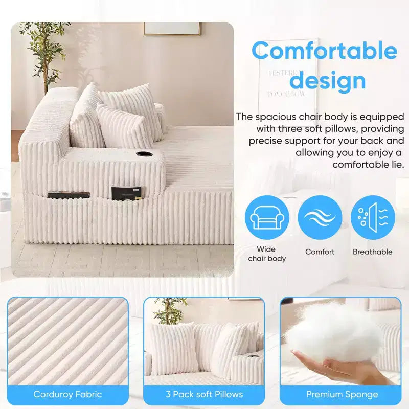 Mjkone Poltrona Letto Singola in Velluto a Coste 1 Posto, Chaise Longue con Cuscini, Braccioli Ampi, Portabicchieri, Contenitore