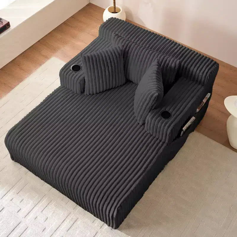 Mjkone Poltrona Letto Singola in Velluto a Coste 1 Posto, Chaise Longue con Cuscini, Braccioli Ampi, Portabicchieri, Contenitore