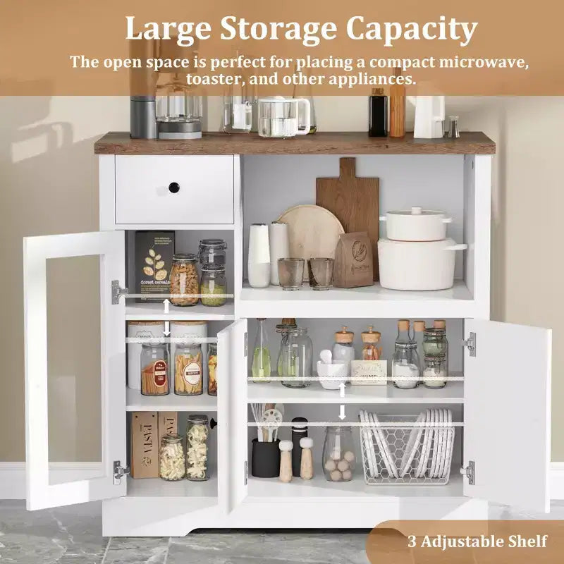 TruAIR Mobiletti Cucina e Microonde con Contenitore, Credenza a Buffet con 3 Ante, 1 Cassetto e Ripiani Regolabili, Mobile Dispensa per Stanza