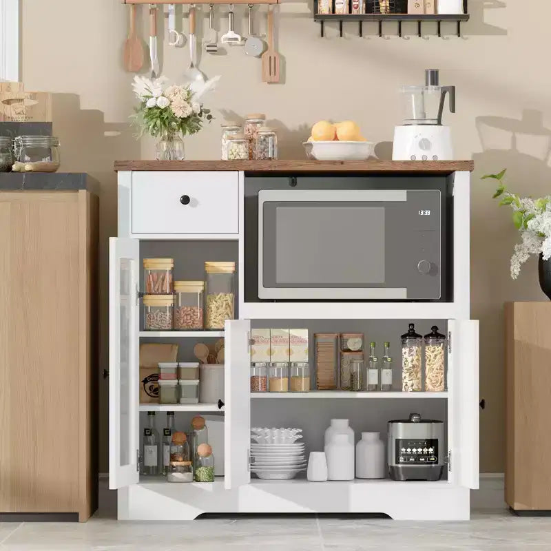TruAIR Mobiletti Cucina e Microonde con Contenitore, Credenza a Buffet con 3 Ante, 1 Cassetto e Ripiani Regolabili, Mobile Dispensa per Stanza