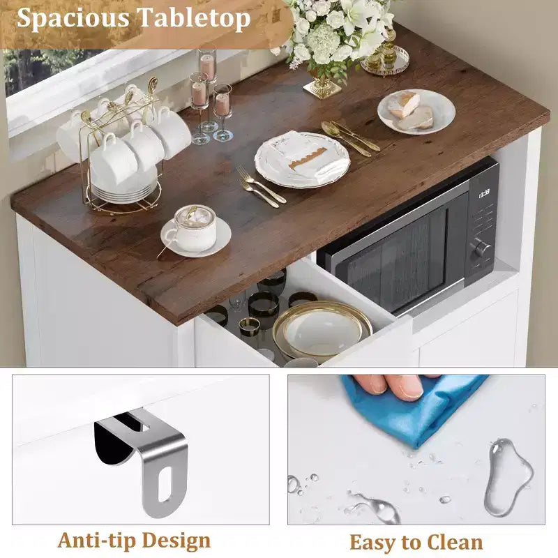 TruAIR Mobiletti Cucina e Microonde con Contenitore, Credenza a Buffet con 3 Ante, 1 Cassetto e Ripiani Regolabili, Mobile Dispensa per Stanza