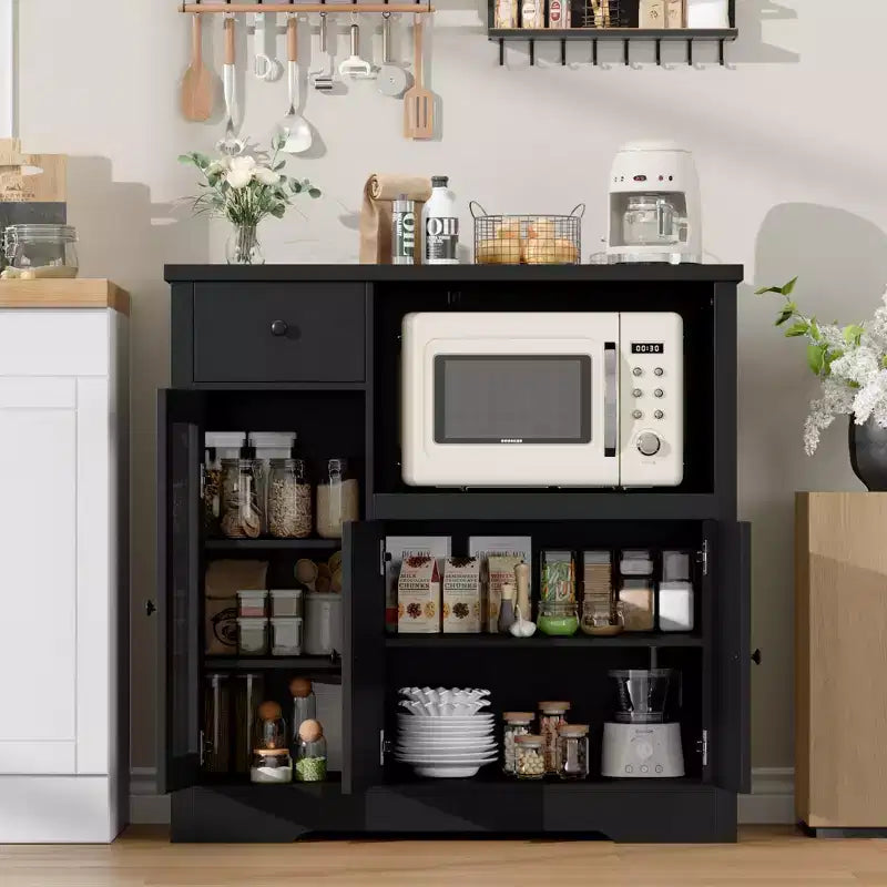 TruAIR Mobiletti Cucina e Microonde con Contenitore, Credenza a Buffet con 3 Ante, 1 Cassetto e Ripiani Regolabili, Mobile Dispensa per Stanza