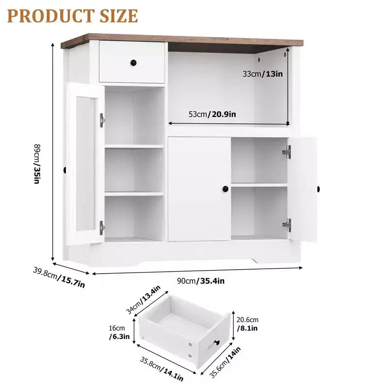 TruAIR Mobiletti Cucina e Microonde con Contenitore, Credenza a Buffet con 3 Ante, 1 Cassetto e Ripiani Regolabili, Mobile Dispensa per Stanza
