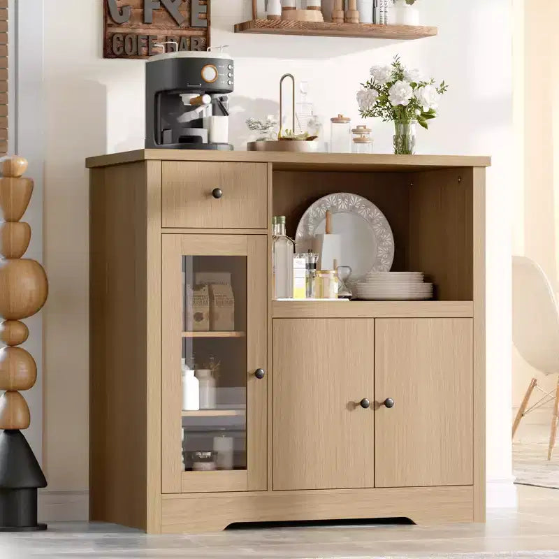 TruAIR Mobiletti Cucina e Microonde con Contenitore, Credenza a Buffet con 3 Ante, 1 Cassetto e Ripiani Regolabili, Mobile Dispensa per Stanza