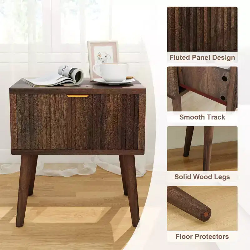 Dyonery, comodino con scanalature in noce da 20 pollici, set da 1/2, tavolino da salotto moderno di metà secolo con cassetto, comodino in legno massello per soggiorno