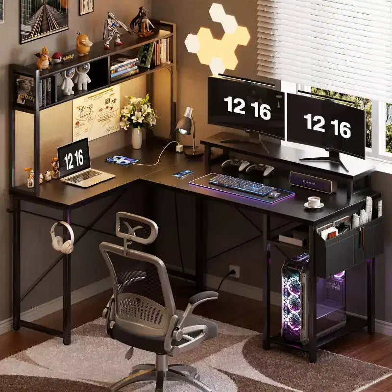 Besiost L Desk Computer Table with Reversible Hutch and Charging Station