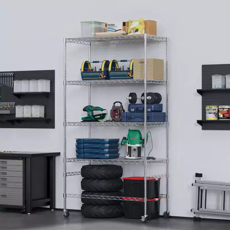 Scaffale a 5 livelli con ruote, scaffalatura metallica da garage, scaffale regolabile per dispensa, scaffalatura commerciale