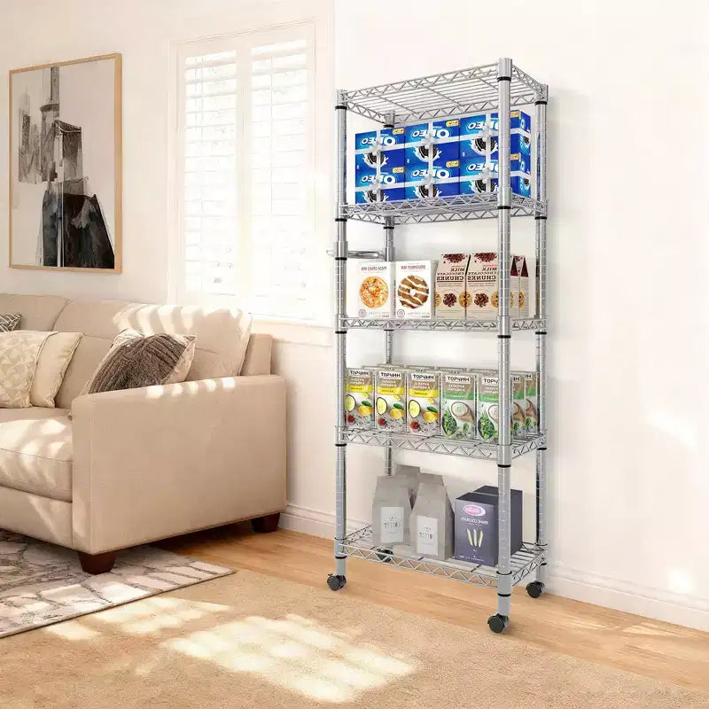 Scaffale a 5 livelli con ruote, scaffalatura metallica da garage, scaffale regolabile per dispensa, scaffalatura commerciale