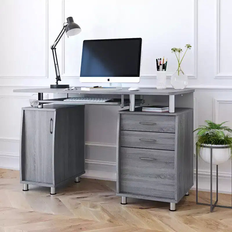 Okak 47.5IN Scrivanie Moderne per Ufficio Domestico, Scrivania per Computer con 3 Cassetti e 1 Anta Armadio, Scrivania per Soggiorno, Studio