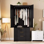 Wardrobe Closet, 69.5 Wooden Wardrobe Cabinet with 3 Drawers, Hanging Rod, 2 Rattan Doors Clothing Storage Cabinet for Bedroom, Large Capacity