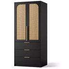 Armadio Guardaroba, Armadio in Legno da 176,5 cm con 3 Cassetti, Barra Appendiabiti, 2 Ante in Rattan, Mobile Contenitore per Vestiti per Camera da Letto, Grande Capacità
