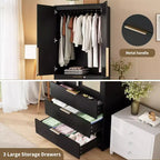 Armadio Guardaroba, Armadio in Legno da 176,5 cm con 3 Cassetti, Barra Appendiabiti, 2 Ante in Rattan, Mobile Contenitore per Vestiti per Camera da Letto, Grande Capacità