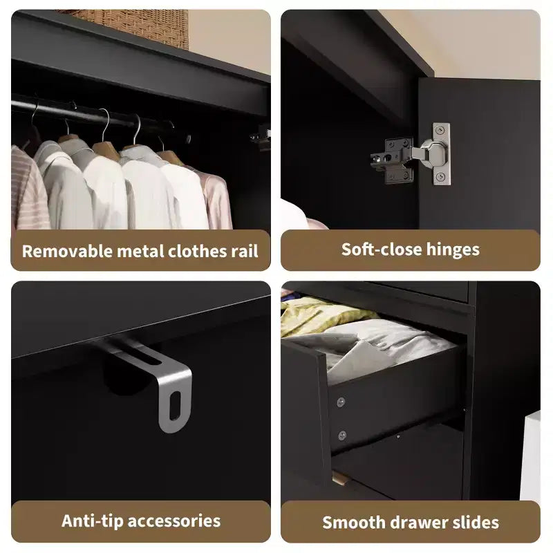 Armadio Guardaroba, Armadio in Legno da 176,5 cm con 3 Cassetti, Barra Appendiabiti, 2 Ante in Rattan, Mobile Contenitore per Vestiti per Camera da Letto, Grande Capacità