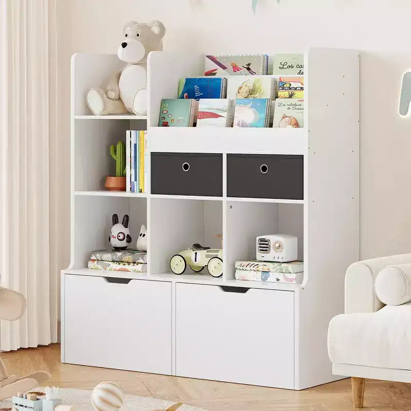 Organizzatore porta giocattoli 121cm, Scaffale per Libri per Bambini con Cassetti, Libreria Moderna con Scomparti, Mobile Contenitore da Pavimento, Cofanetto Porta Giocattoli in Legno per Sala Giochi e Cameretta