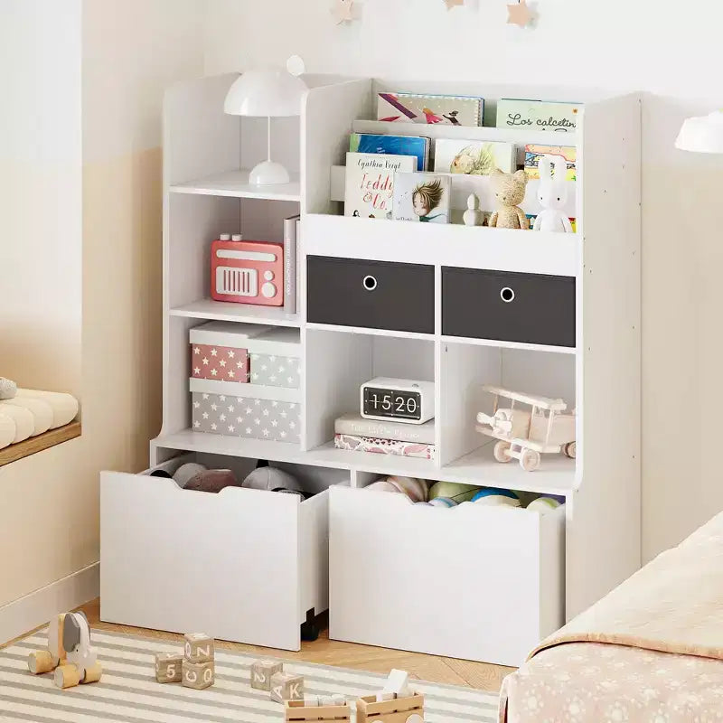 Organizzatore porta giocattoli 121cm, Scaffale per Libri per Bambini con Cassetti, Libreria Moderna con Scomparti, Mobile Contenitore da Pavimento, Cofanetto Porta Giocattoli in Legno per Sala Giochi e Cameretta