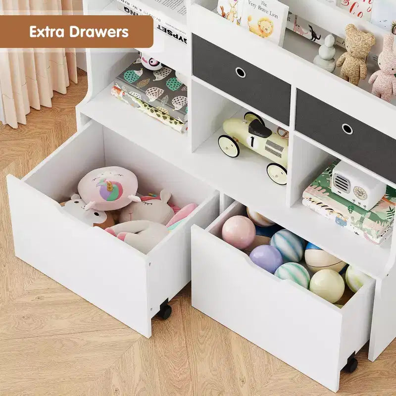 Organizzatore porta giocattoli 121cm, Scaffale per Libri per Bambini con Cassetti, Libreria Moderna con Scomparti, Mobile Contenitore da Pavimento, Cofanetto Porta Giocattoli in Legno per Sala Giochi e Cameretta