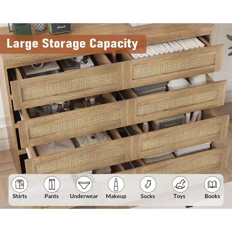 Comò in Rattan per Camera da Letto, Cassettiera Moderna in Legno a 8 Cassetti, Ampio Comodino in Legno per Armadio, Cameretta, Soggiorno e Ingresso