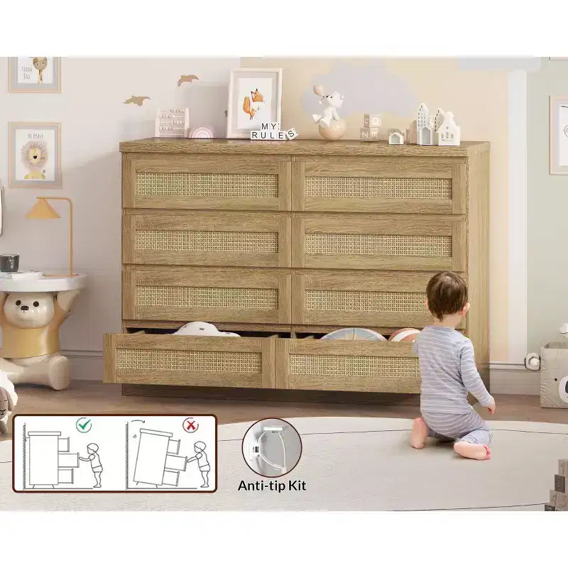 Comò in Rattan per Camera da Letto, Cassettiera Moderna in Legno a 8 Cassetti, Ampio Comodino in Legno per Armadio, Cameretta, Soggiorno e Ingresso