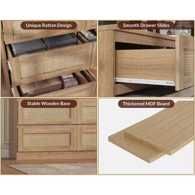 Comò in Rattan per Camera da Letto, Cassettiera Moderna in Legno a 8 Cassetti, Ampio Comodino in Legno per Armadio, Cameretta, Soggiorno e Ingresso
