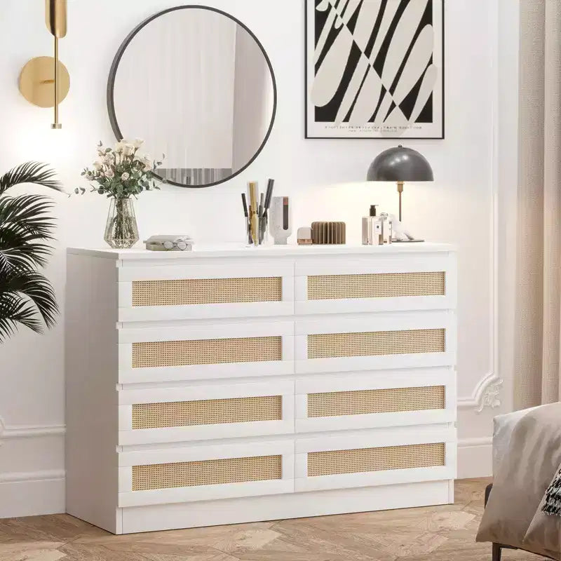 Comò in Rattan per Camera da Letto, Cassettiera Moderna in Legno a 8 Cassetti, Ampio Comodino in Legno per Armadio, Cameretta, Soggiorno e Ingresso