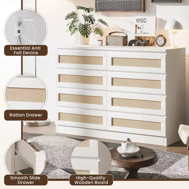 Comò in Rattan per Camera da Letto, Cassettiera Moderna in Legno a 8 Cassetti, Ampio Comodino in Legno per Armadio, Cameretta, Soggiorno e Ingresso