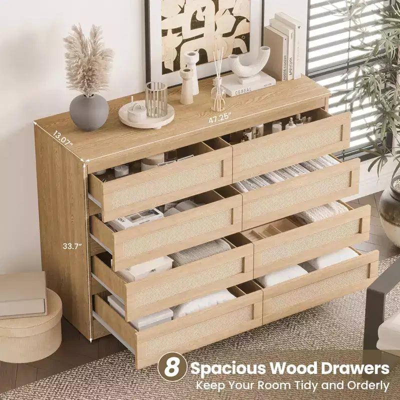 Comò in Rattan per Camera da Letto, Cassettiera Moderna in Legno a 8 Cassetti, Ampio Comodino in Legno per Armadio, Cameretta, Soggiorno e Ingresso