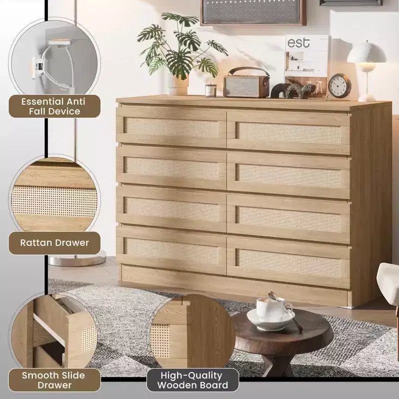 Comò in Rattan per Camera da Letto, Cassettiera Moderna in Legno a 8 Cassetti, Ampio Comodino in Legno per Armadio, Cameretta, Soggiorno e Ingresso