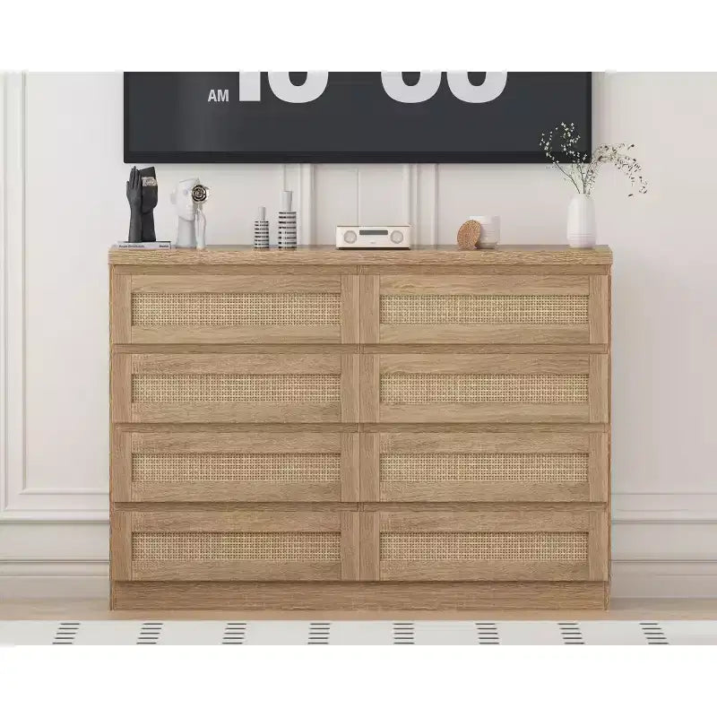 Comò in Rattan per Camera da Letto, Cassettiera Moderna in Legno a 8 Cassetti, Ampio Comodino in Legno per Armadio, Cameretta, Soggiorno e Ingresso