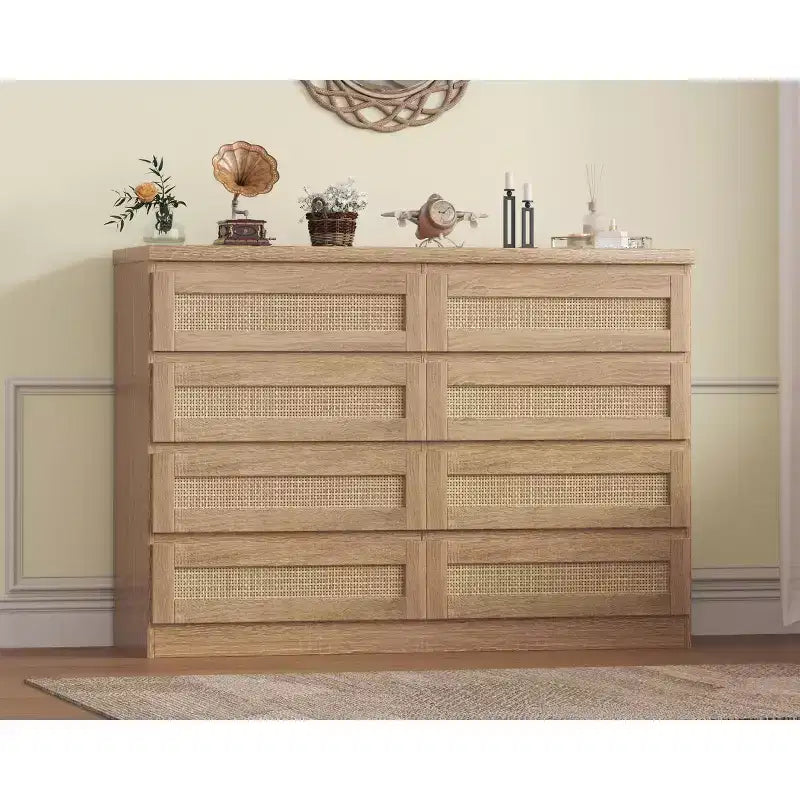 Comò in Rattan per Camera da Letto, Cassettiera Moderna in Legno a 8 Cassetti, Ampio Comodino in Legno per Armadio, Cameretta, Soggiorno e Ingresso