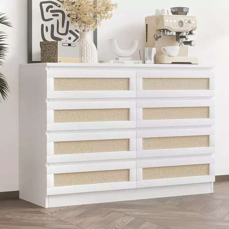 Comò in Rattan per Camera da Letto, Cassettiera Moderna in Legno a 8 Cassetti, Ampio Comodino in Legno per Armadio, Cameretta, Soggiorno e Ingresso