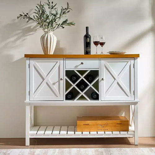 47 Wine Bar Cabinet Coffee Bar Cabinet with Wine Rack &Drawer Farmhouse Kitchen Buffet Cabinet with 2 Door &Bottom Shelf for Dining Room Living Room