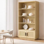Libreria bohémien a 5 ripiani in legno, scaffale alto aperto con contenitore, colore legno grezzo