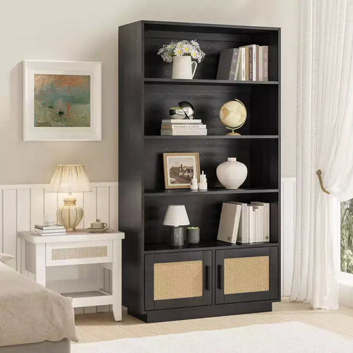 5 Tier Boho Wooden Bookcase ,Tall Open Shelf Book Stand with Storage, raw wood color