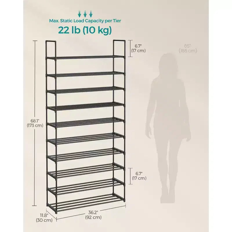 Scarpiera a 10 livelli in metallo per 44-55 paia, organizer regolabile da 173 cm per ingresso, nero