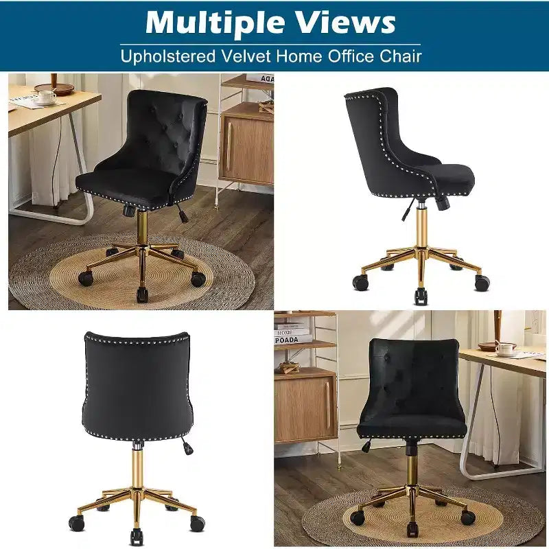VINGLI Sedia da Ufficio Girevole Senza Braccioli in Velluto Nero con Base/Ruote Dorate, Piccola Sedia Carina per Toeletta/Trucco, Imbottita e Regolabile