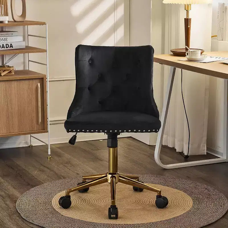 VINGLI Sedia da Ufficio Girevole Senza Braccioli in Velluto Nero con Base/Ruote Dorate, Piccola Sedia Carina per Toeletta/Trucco, Imbottita e Regolabile